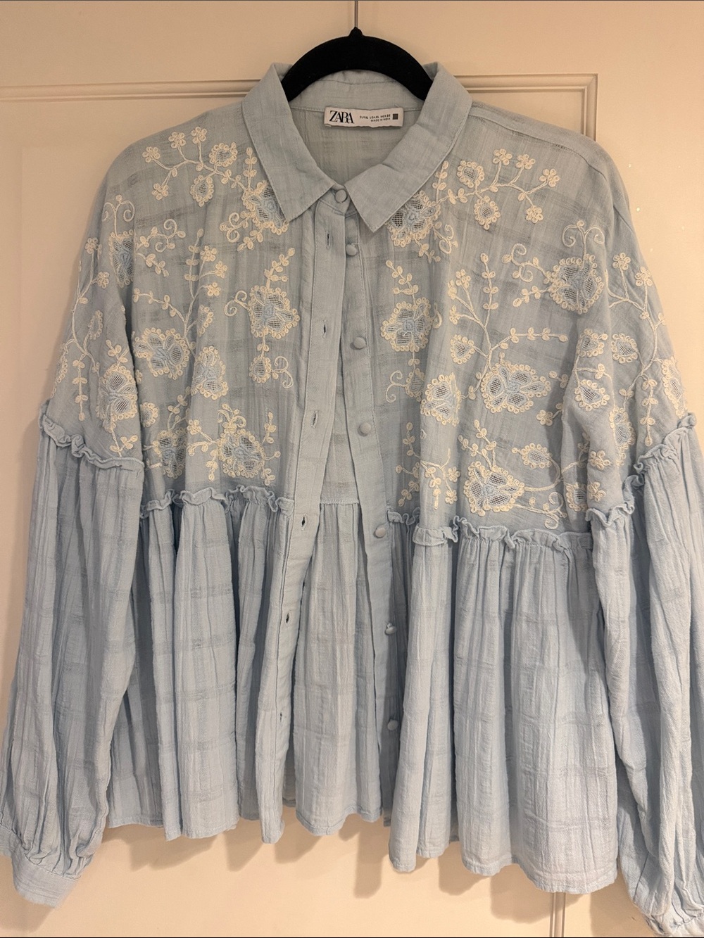 Zara Light Blue Button-Front Embroidered Peplum Shirt